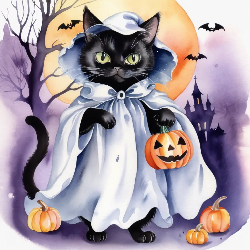 Watercolor Painting of a Halloween Black Cat Ghost Costume