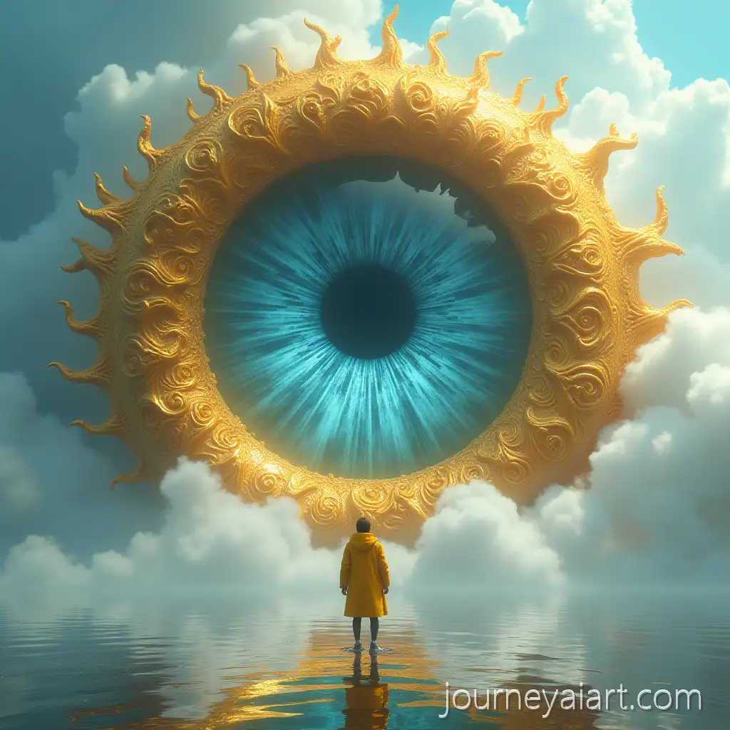 Floating-Baroque-Gold-Ring-and-Reptilian-Iris-Over-Cloudy-WaterMolten-gold-ring-iris-with-Lone-Figure