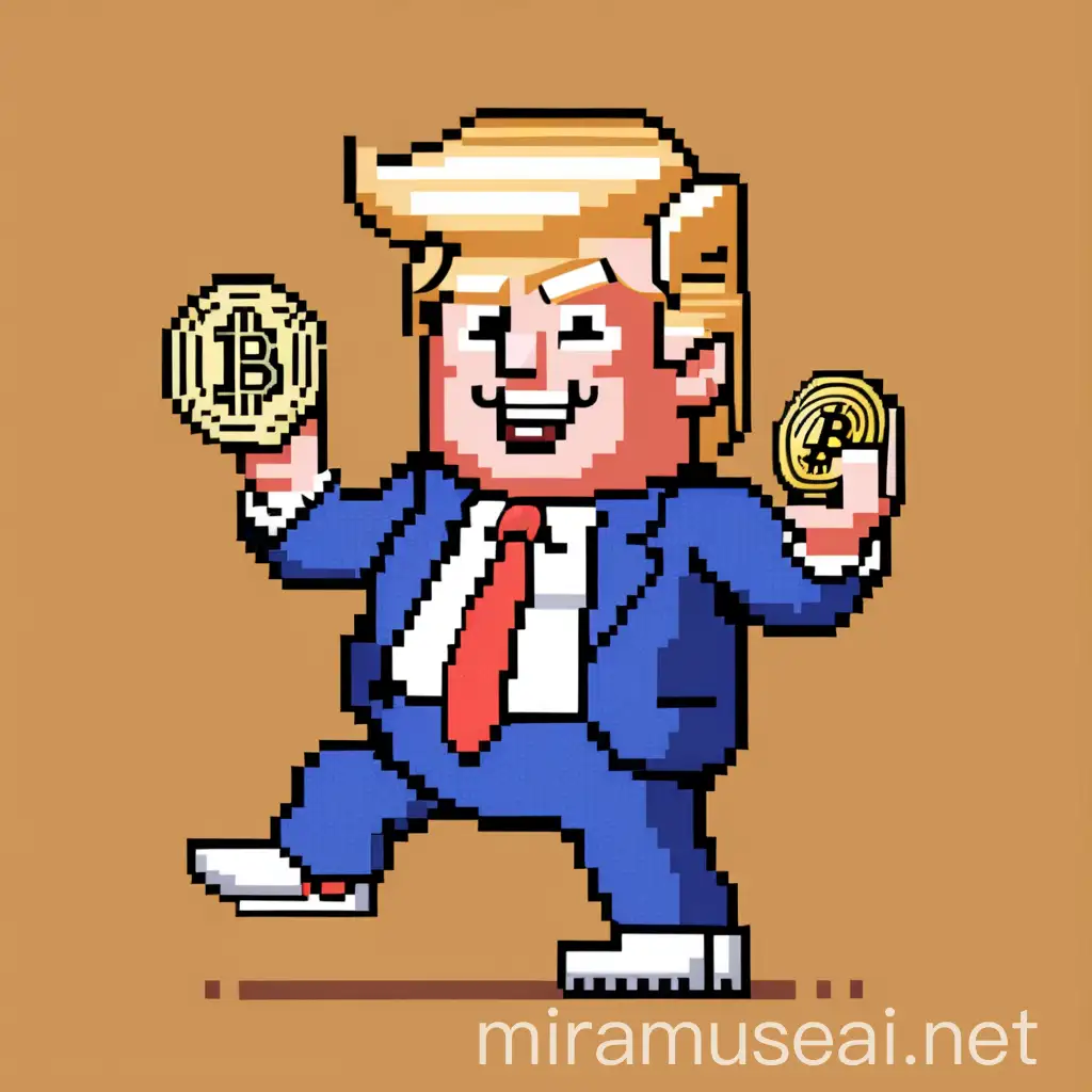 Pixel Art of Happy Donald Trump Holding Bitcoin in Nike Sneakers