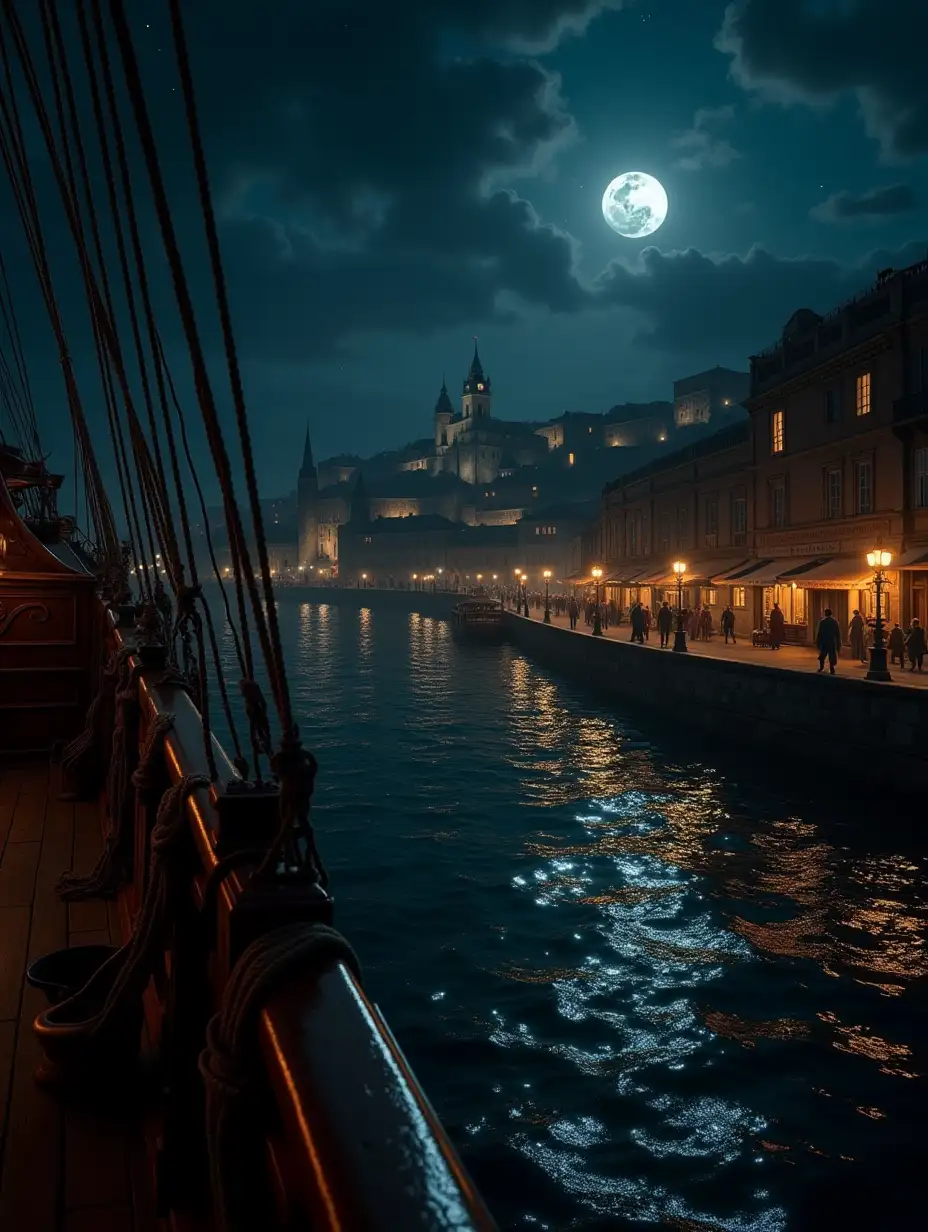 Nighttime-View-from-an-Ancient-Galleon-in-a-Bustling-Italian-Port