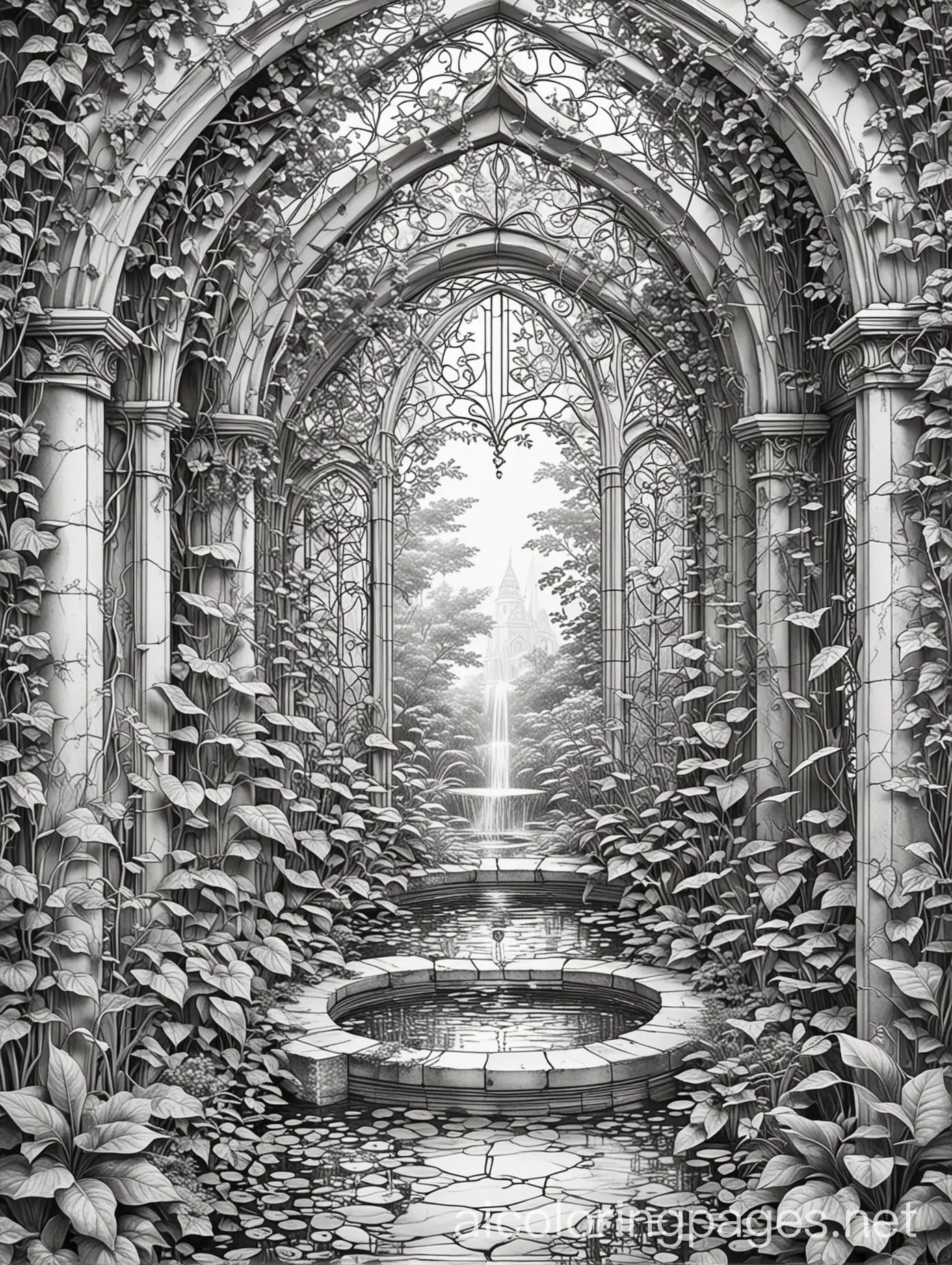 Botanical-Elven-Style-Room-with-Stained-Glass-Windows-and-Elf-Woman-Peering-into-Fountain