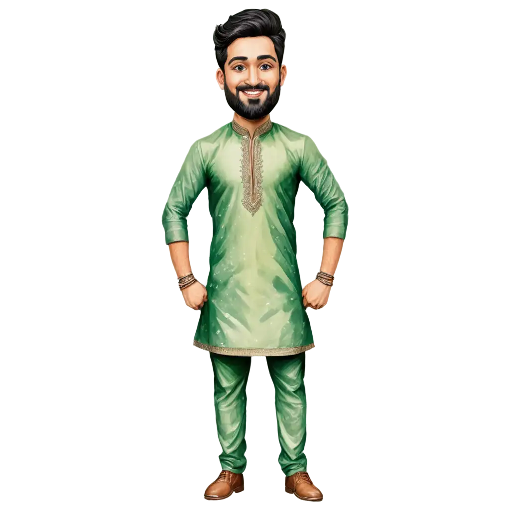 Vibrant-Groom-Mehndi-Caricature-PNG-in-Green-Kurta-for-Festive-Celebrations