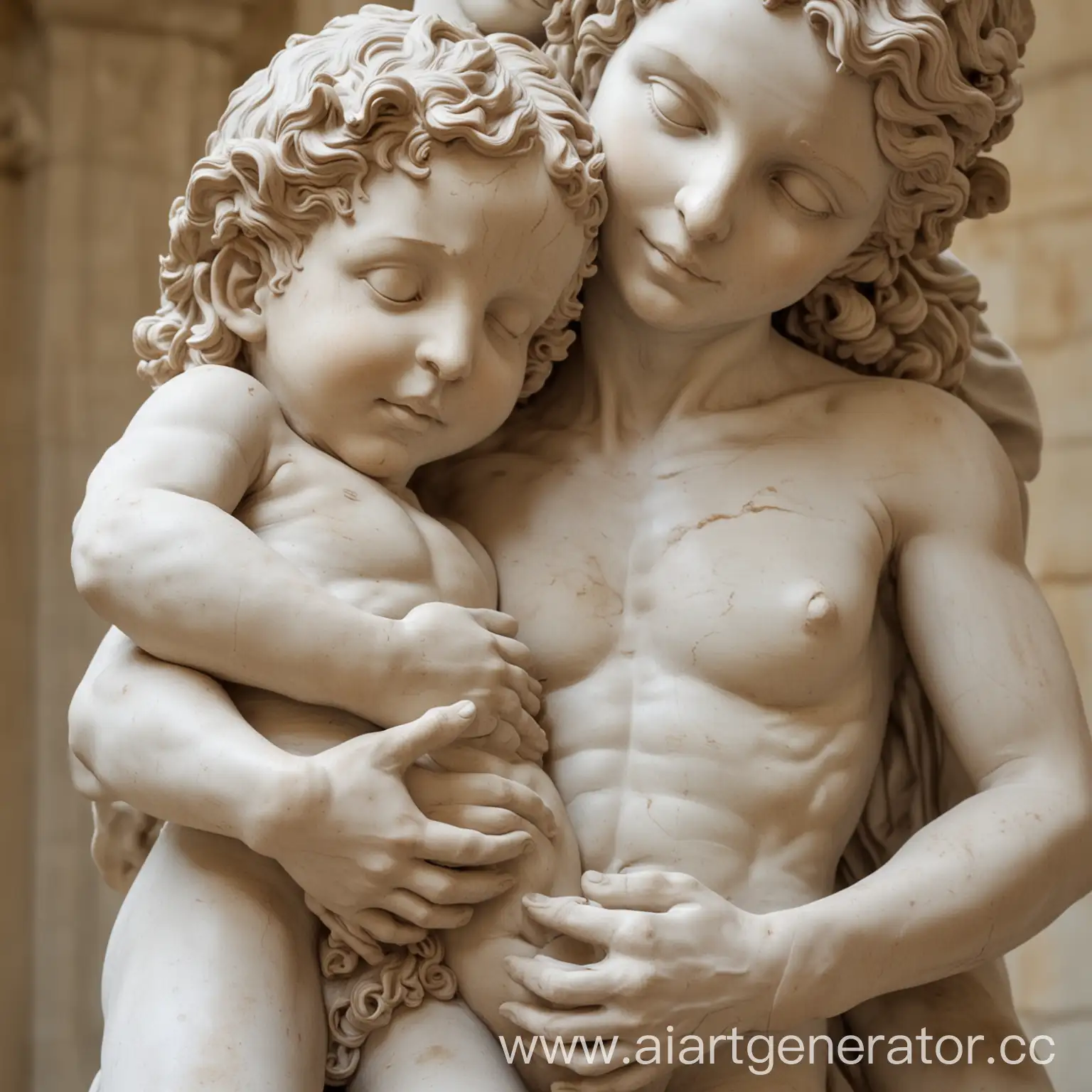 Closeup-of-David-Sculptures-of-Hugging-Venus-and-Child