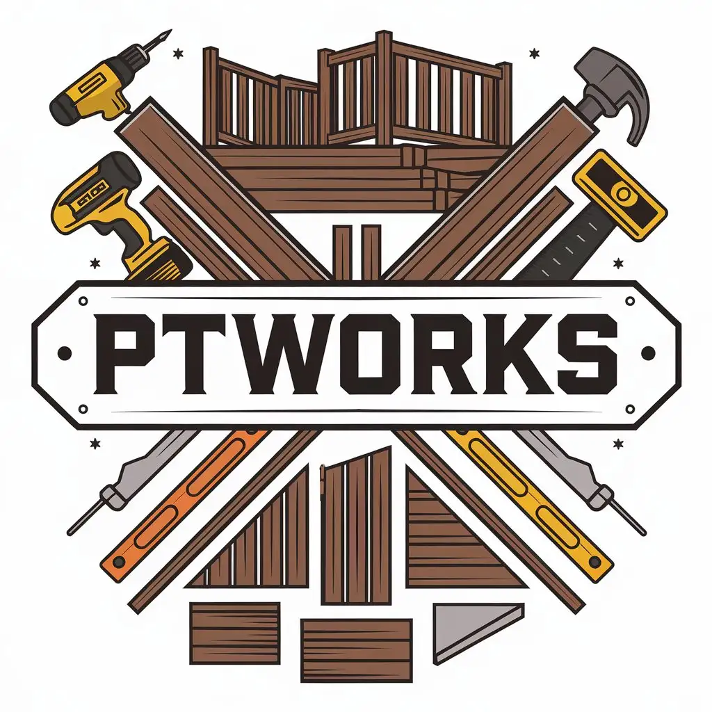 LOGO Design for PTWorks Vector Logo with Deck Fence Drill Landscaping Theme for Construction Industry