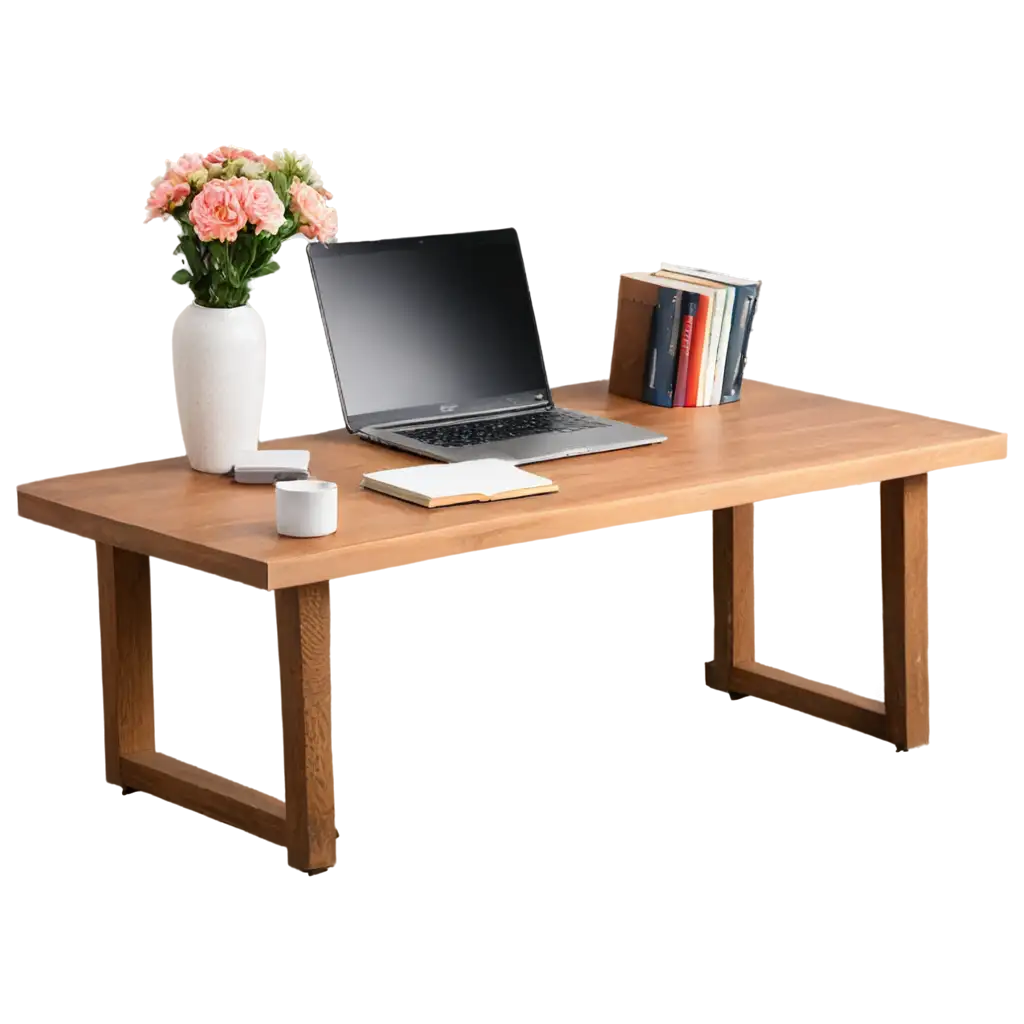 wood table, books, computer, flowers, pen holder, cup on the table