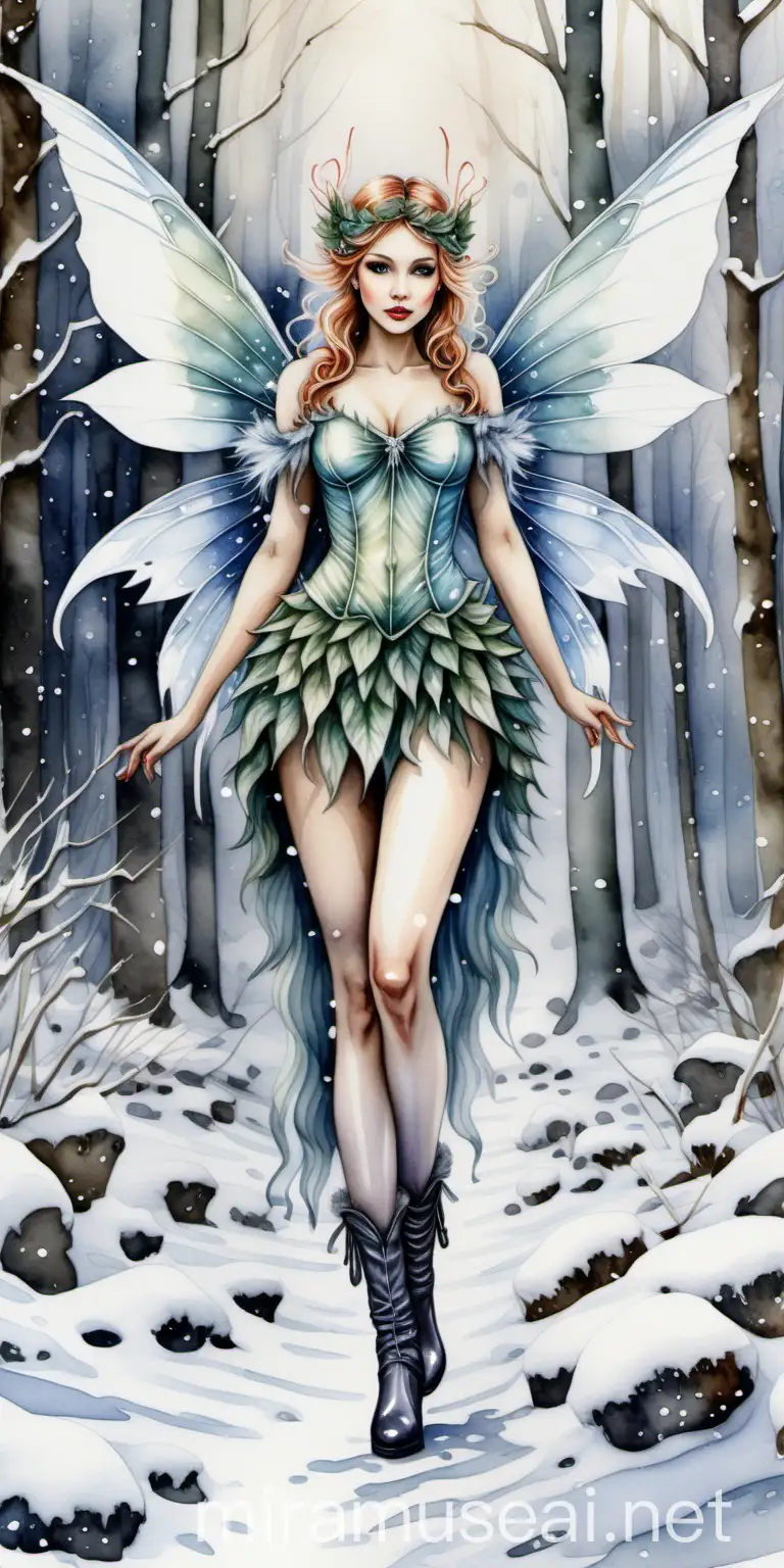 Winter fairy with wings in a snowy forest walking front view, detailed fantasy watercolour painting in the style of photorealistic portrait. She also wearing high heel boots