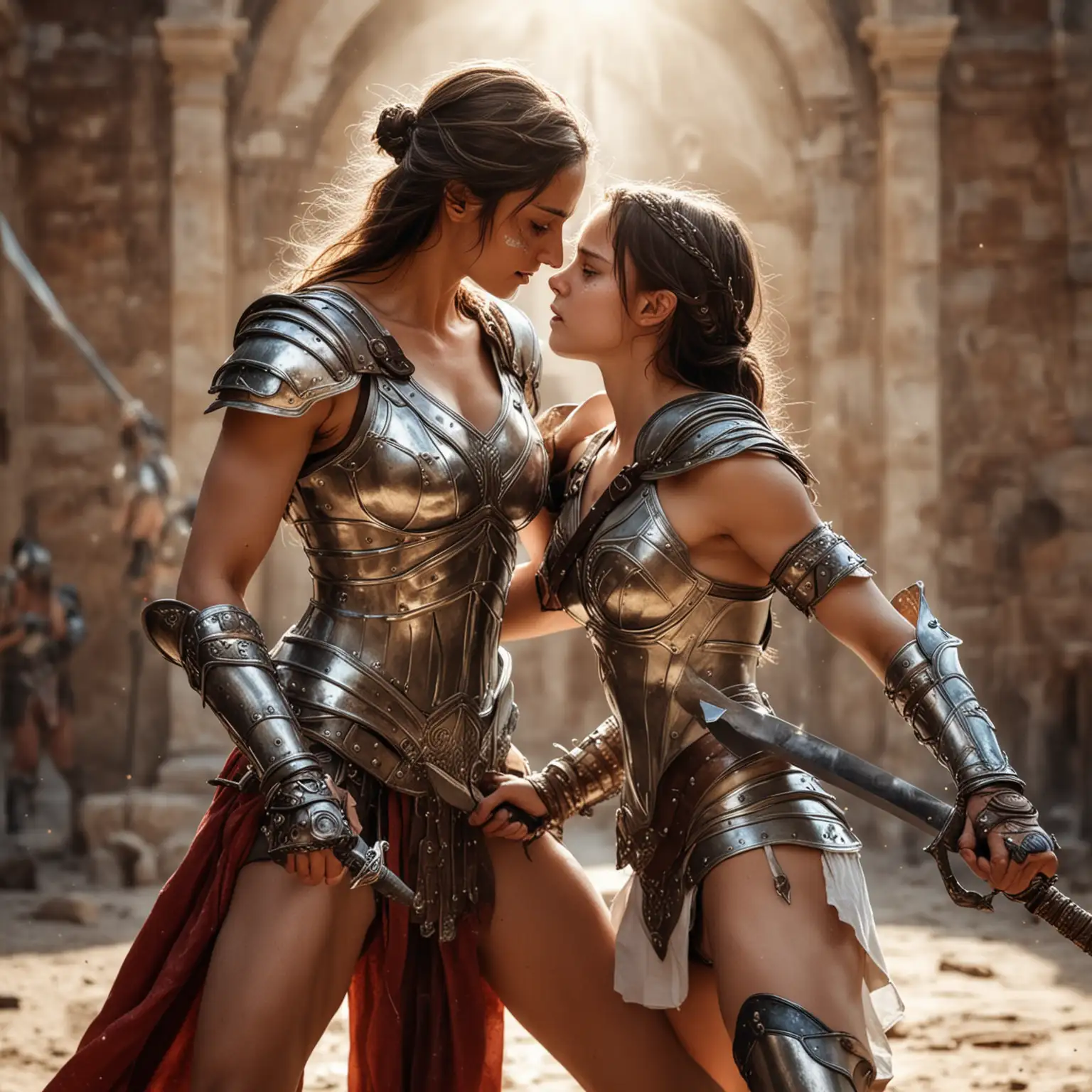 Gladiator-Sword-Fight-Between-Muscular-Woman-in-Shiny-Armor-and-Teenage-Boy