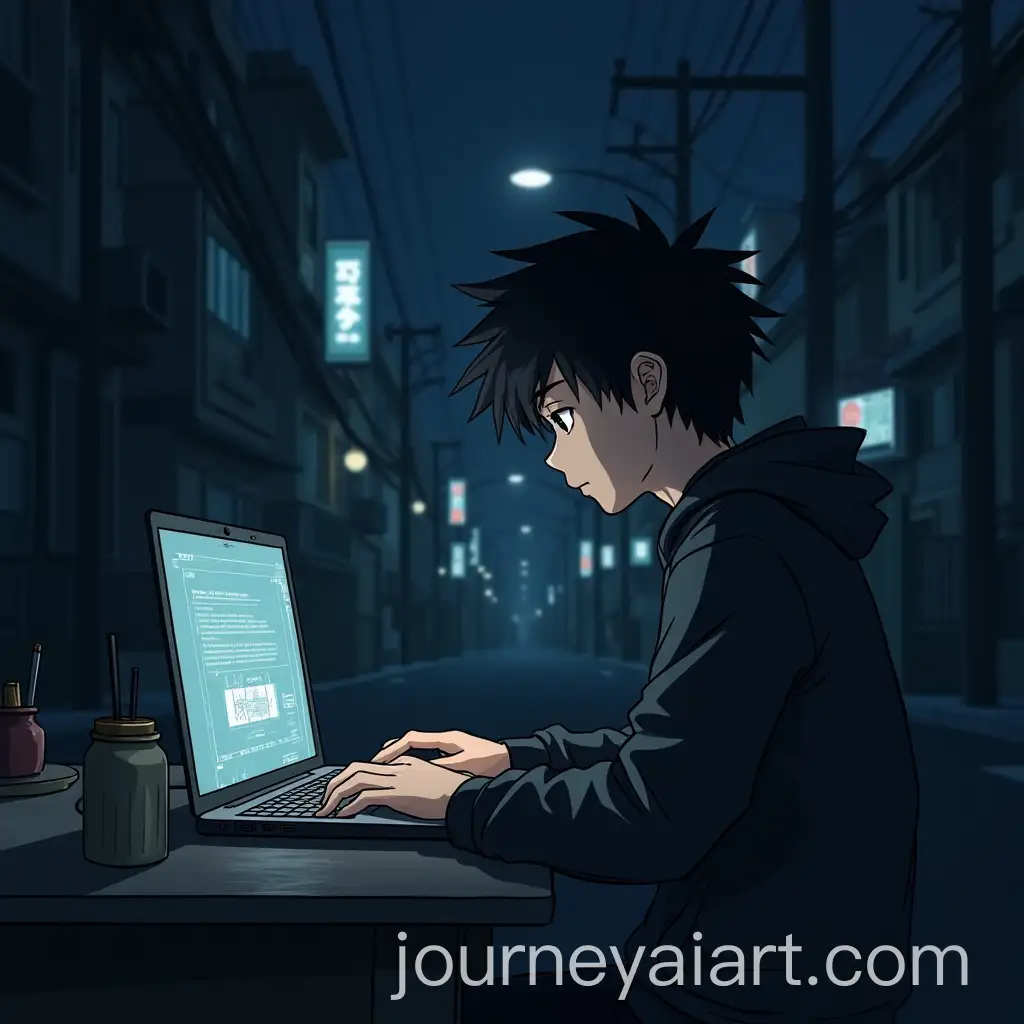 BoyAI-Art-Prompt-Expansion-Hacking-on-Laptop-in-Tokyo-Street-at-Night-with-Tension-in-His-Eyes