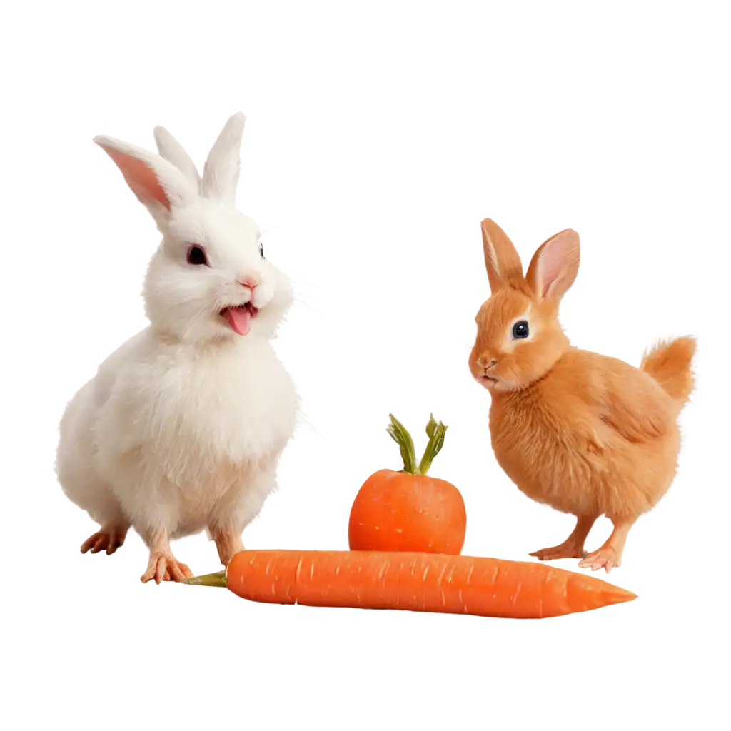 happy chicken and a bunny rabbit sharing a carrot