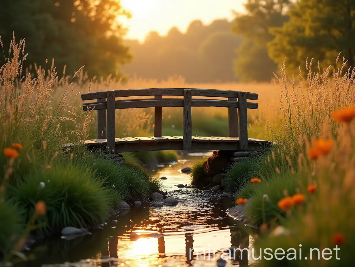 Rustic Wooden Bridge Over Stream in Golden Afternoon Light