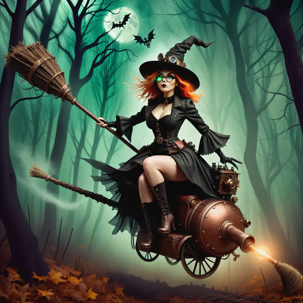 Steampunk Witch Riding Broomstick in Spooky Forest