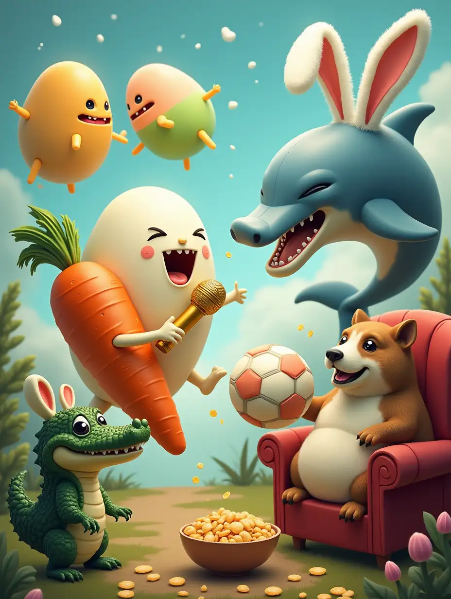 Picture a whimsical scene in a fantastical world. Two brother eggs are locked in a fierce argument, angrily bouncing and splattering yolk as they fight non-stop. Nearby, a carrot with a cheerful smile twirls and dances energetically, even though it's causing clouds of green gas to puff out around it. A graceful dolphin with shimmering skin sings melodious tunes into a golden microphone, captivating the crowd. On the side, a crocodile wearing floppy bunny ears hops clumsily, truly believing he's a bunny, while a sporty capybara shows off its football skills, juggling the ball like a pro. Finally, a chubby dog relaxes on a cozy chair, enjoying a big bowl of snacks with crumbs scattered everywhere. Bright colors, playful expressions, and a magical vibe bring this zany group to life.