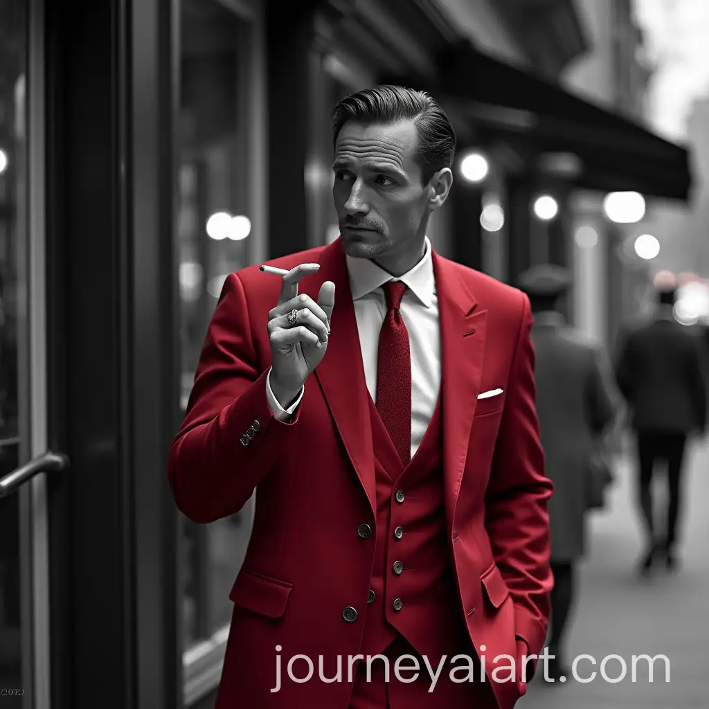 Suave-Man-in-Red-Suit-with-Cigarette-Outside-New-York-Cafe-in-Black-and-White