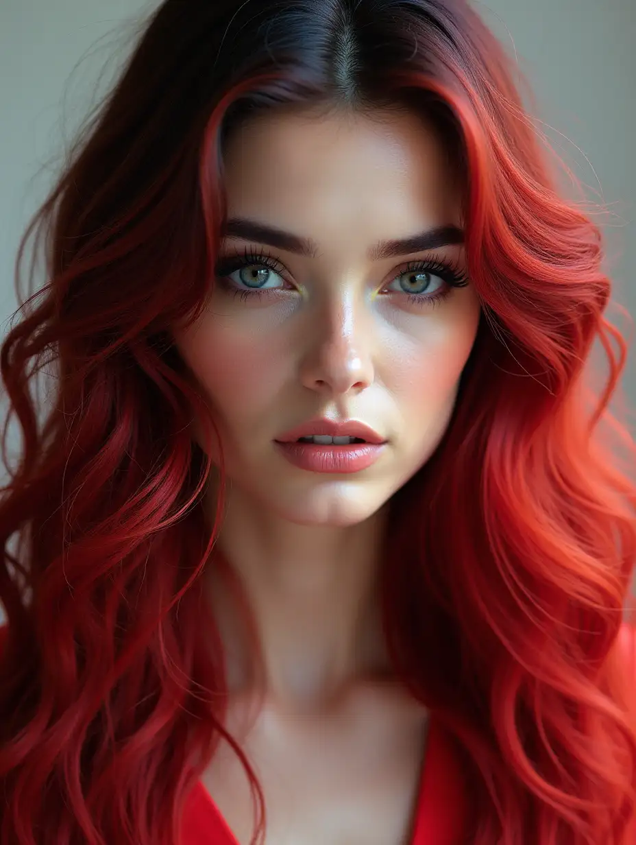 Depiction of a beautiful white woman with long red and black