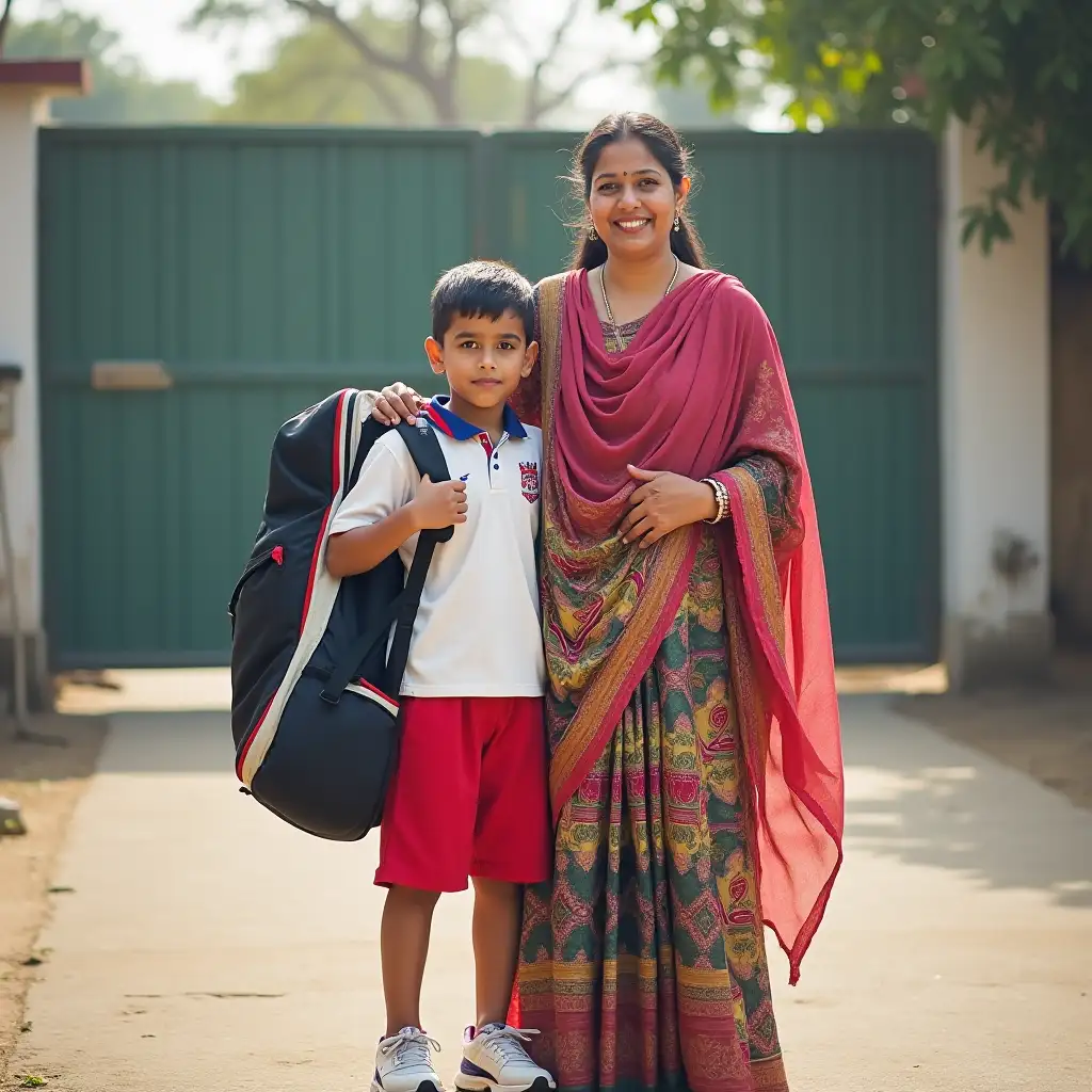 A proud Indian Punjabi mother standing beside her 14-year-old son in front of a cricket academy. The mother is dressed in traditional Punjabi attire, wearing a colorful salwar kameez and a dupatta, with a warm smile on her face. Her son, holding a cricket kitbag over his shoulder, is wearing a cricket jersey, shorts, and sports shoes, looking excited and ready for practice. The academy gate is visible in the background, and the scene captures a moment of support and encouragement between mother and son.