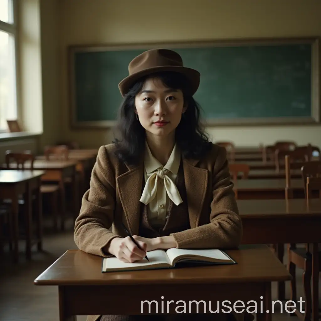 1920s Fashion Icon Yoko Ono in Vintage Classroom Ambiance