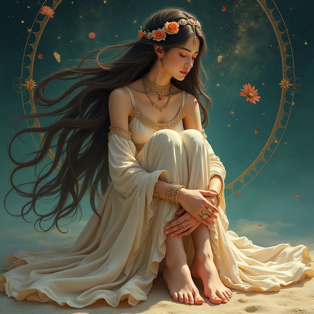 photo-realistic, organic motifs, elegant composition, 8k resolution, smooth curves, bright colors, allegorical symbolism, exquisite aesthetics, masterful execution, three-dimensional shadows. a woman with extremely large bare feet and toes. She has extremely long hair. The girl is wearing celestial themed eastern clothing and has celestial themed anklets and bracelets.