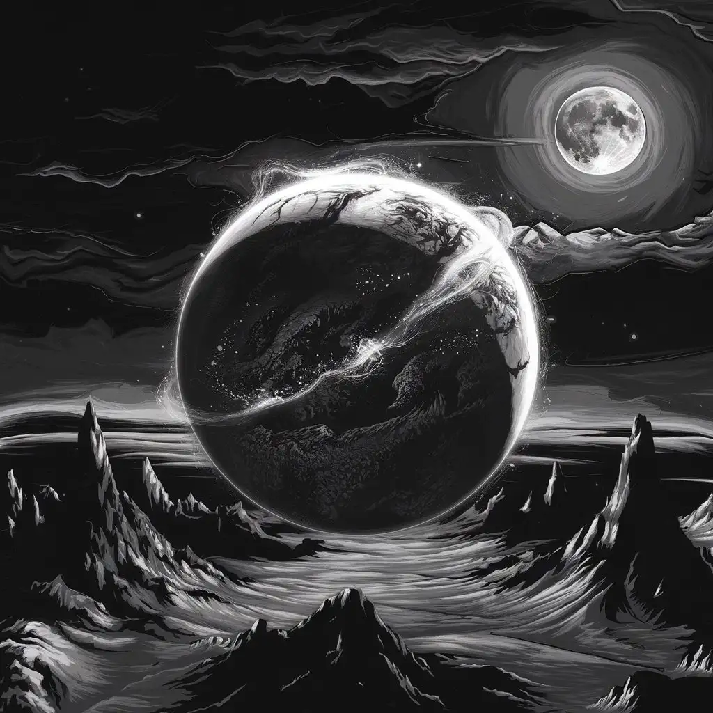 painted In the center of the image there is a dark planet, around it there is a glow, 
, painted, dark shining sky, full moon in the distance and cosmic mountain plains, black and white