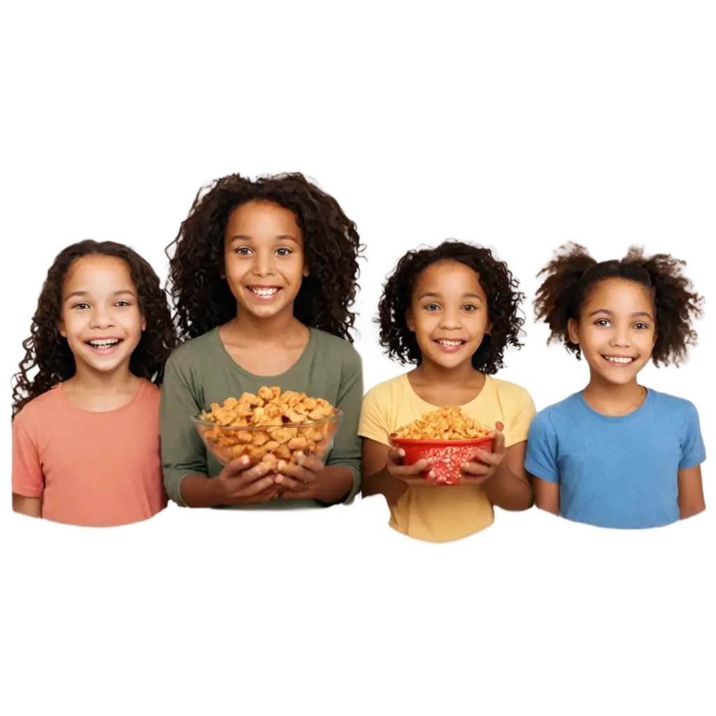 A macro, detailed image in the style of a hi def picture of a group of six children, three African American, two Indian and one Chinese.  They are at a food bank giving other children food and toys.  They all have cute faces and are happy.