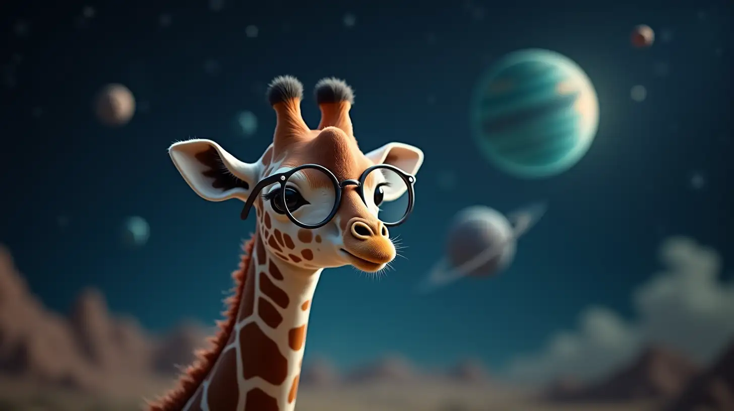 Cute Baby Giraffe with Glasses Floating in Space Among Stars and Planets