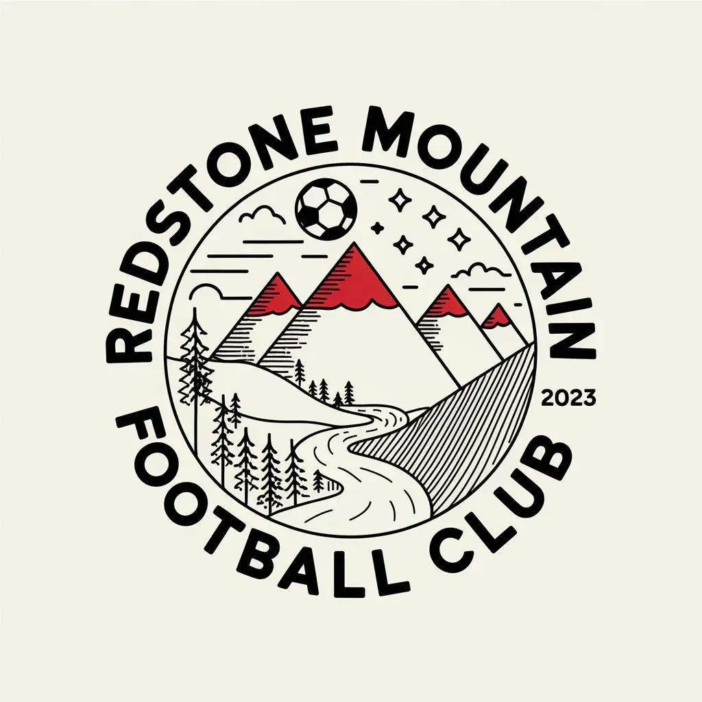 a vector logo design,with the text "REDSTONE MOUNTAIN FOOTBALL CLUB 2023", main symbol:In the distance, 3 red-lined mountain peaks, a soccer ball on top of the mountain, a river flowing nearby, 5 stars in the sky, and the whole pattern is wrapped in a circle, simple pen drawing style,Moderate,clear background