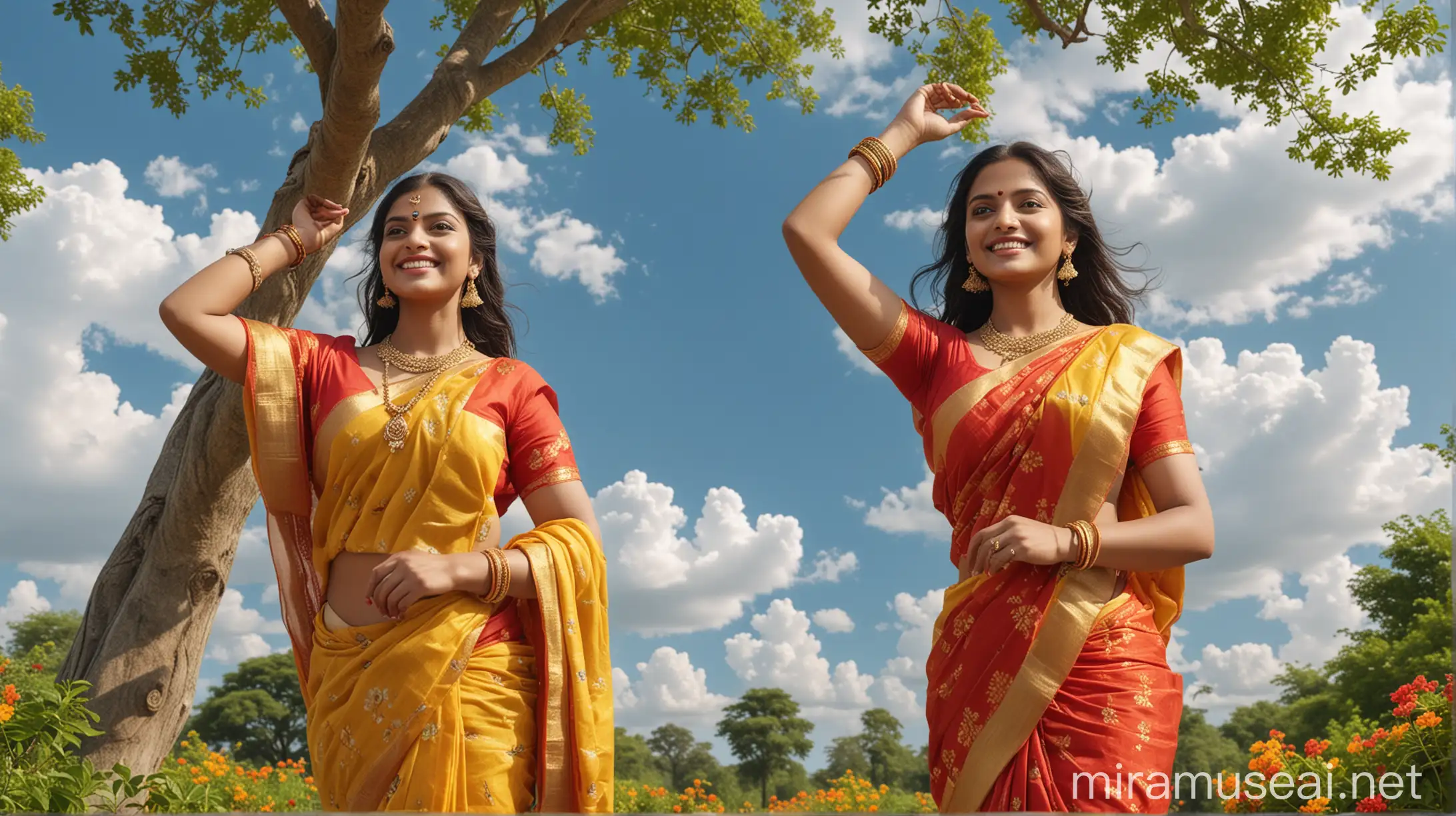 Two Indian Women in Red and Yellow Sarees Swinging Under a Tree on a Sunny Day