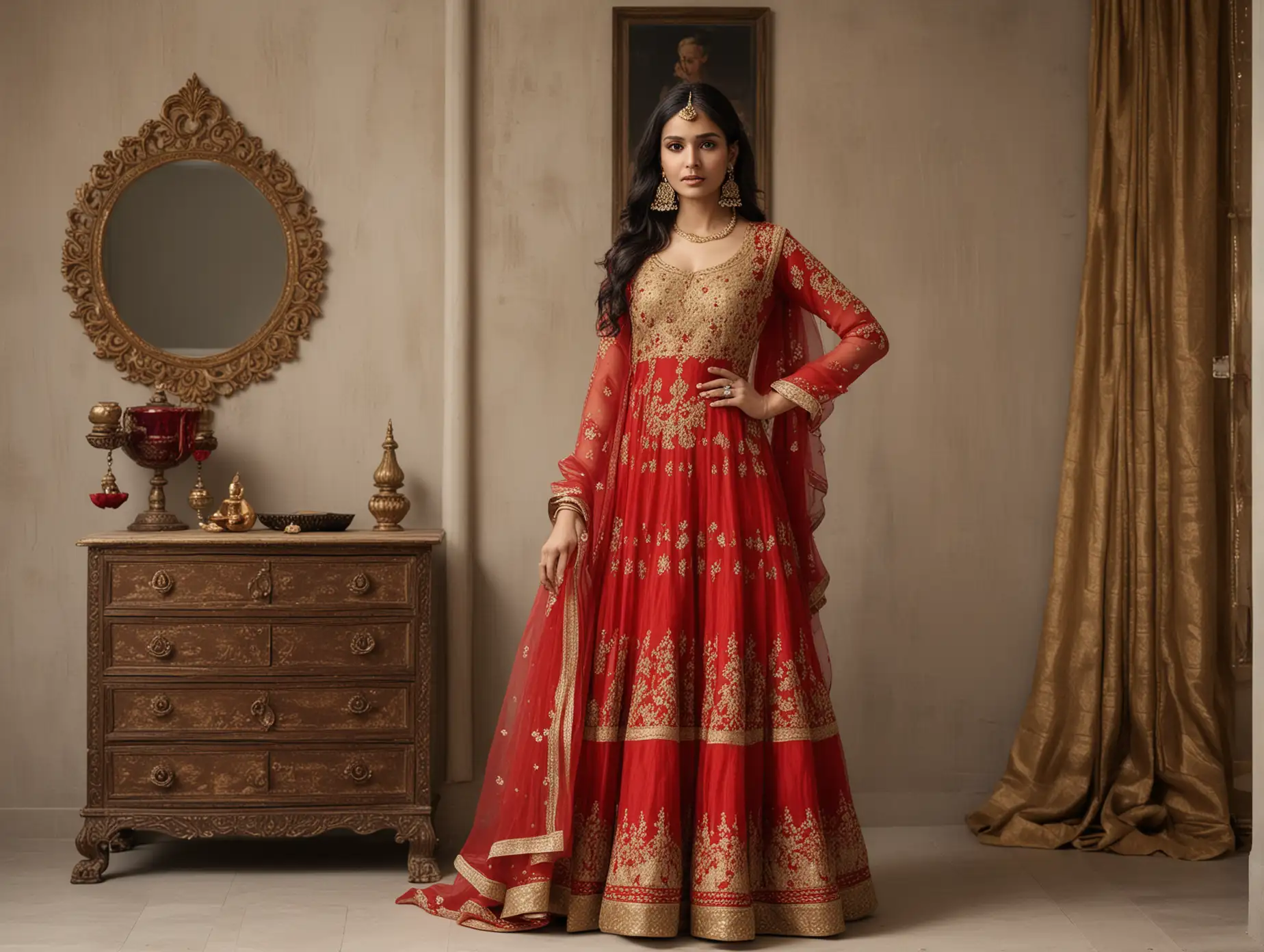 Indian chic wearing a vibrant red Anarkali dress with golden embroidery, paired with elegant jhumkas and traditional bangles, standing in a modern, minimalist room.