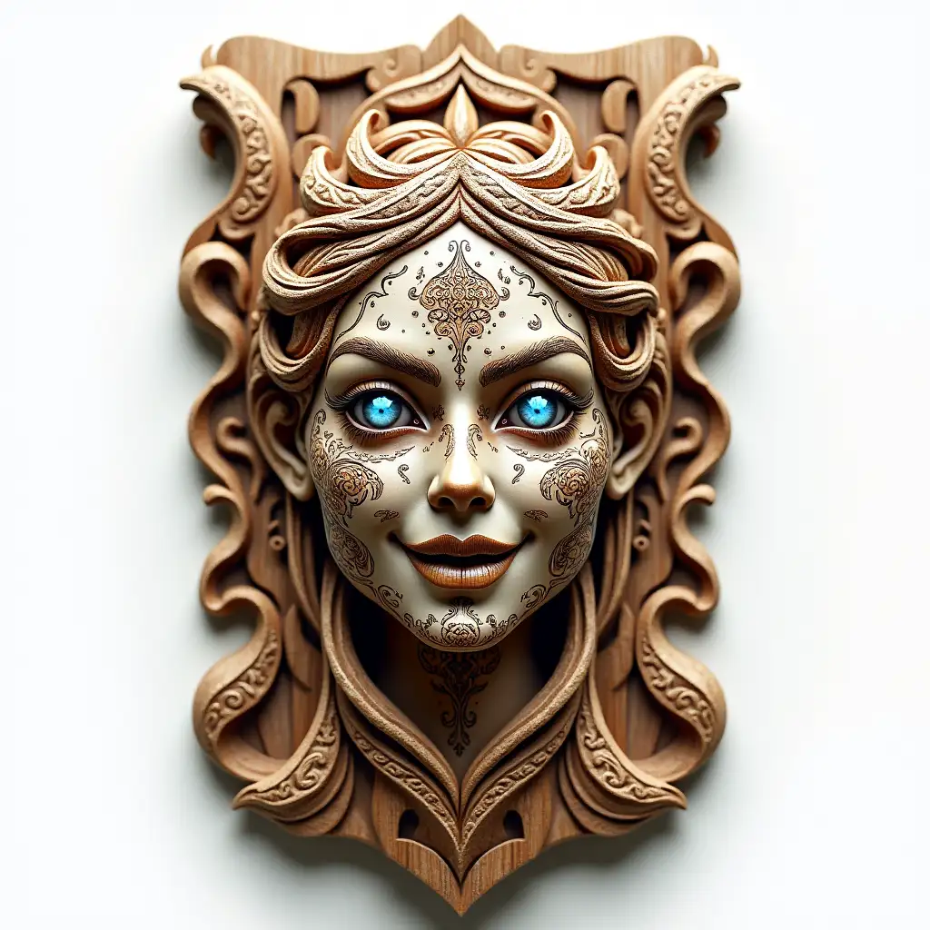 a magnificent carved sculpture made of wood, a museum exhibit, a work of art, a piece of jewelry art, ornate, on a white background - sculpture made of wood a sensuality and erotic young Queen-warlock of the Dead, smiling with blue eyes, in full face, with detailed patterns and runes, with a drawn texture, beautiful, aesthetically pleasing, 16k, hyperdetalization, hyperrealism, on a white background--ar 5375 --s 250 --q 2 --style raw, hyper realistic, intricate detail