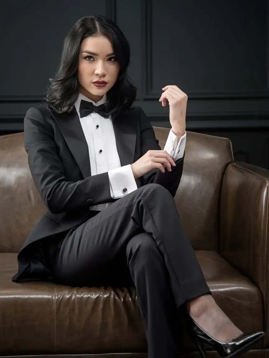 Elegant-Chinese-Woman-in-Tuxedo-Adjusting-Cufflinks-in-Dimly-Lit-Room