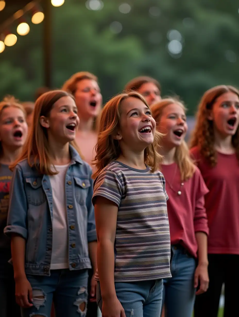 a performance of a happy, mixed and youth choir on a stage in the open air