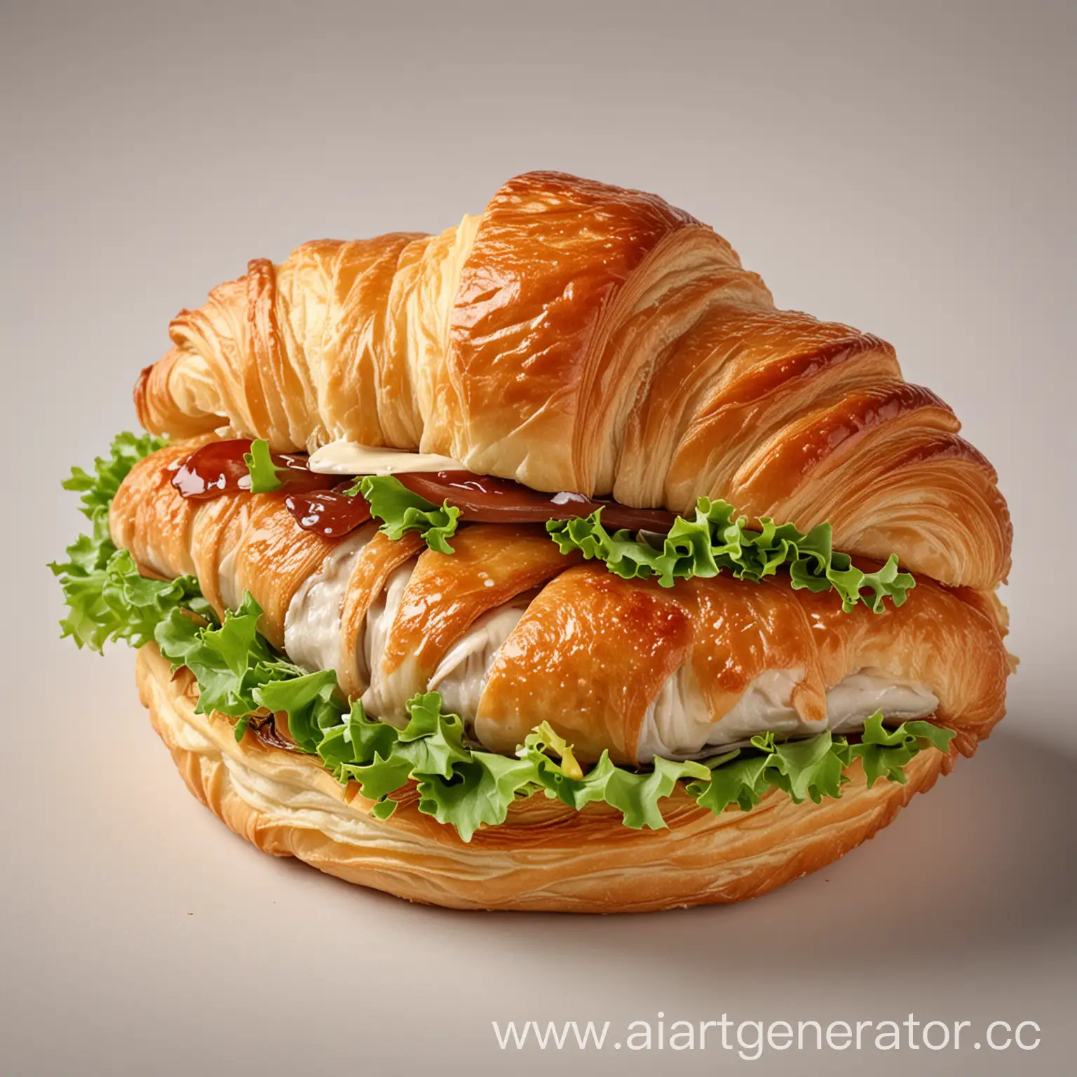 take a photo of a croissant with chicken and vegetables, lettuce leaves inside the croissant, make it appetizing, studio photo, with an appetizing sauce and a white background without unnecessary details