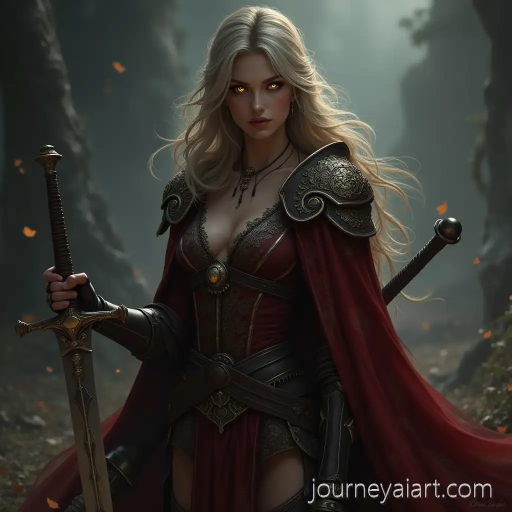 Elegant-Female-WarriorElegant-female-warrior-with-Golden-Eyes-and-Sword-in-Dark-Fantasy-Battlefield
