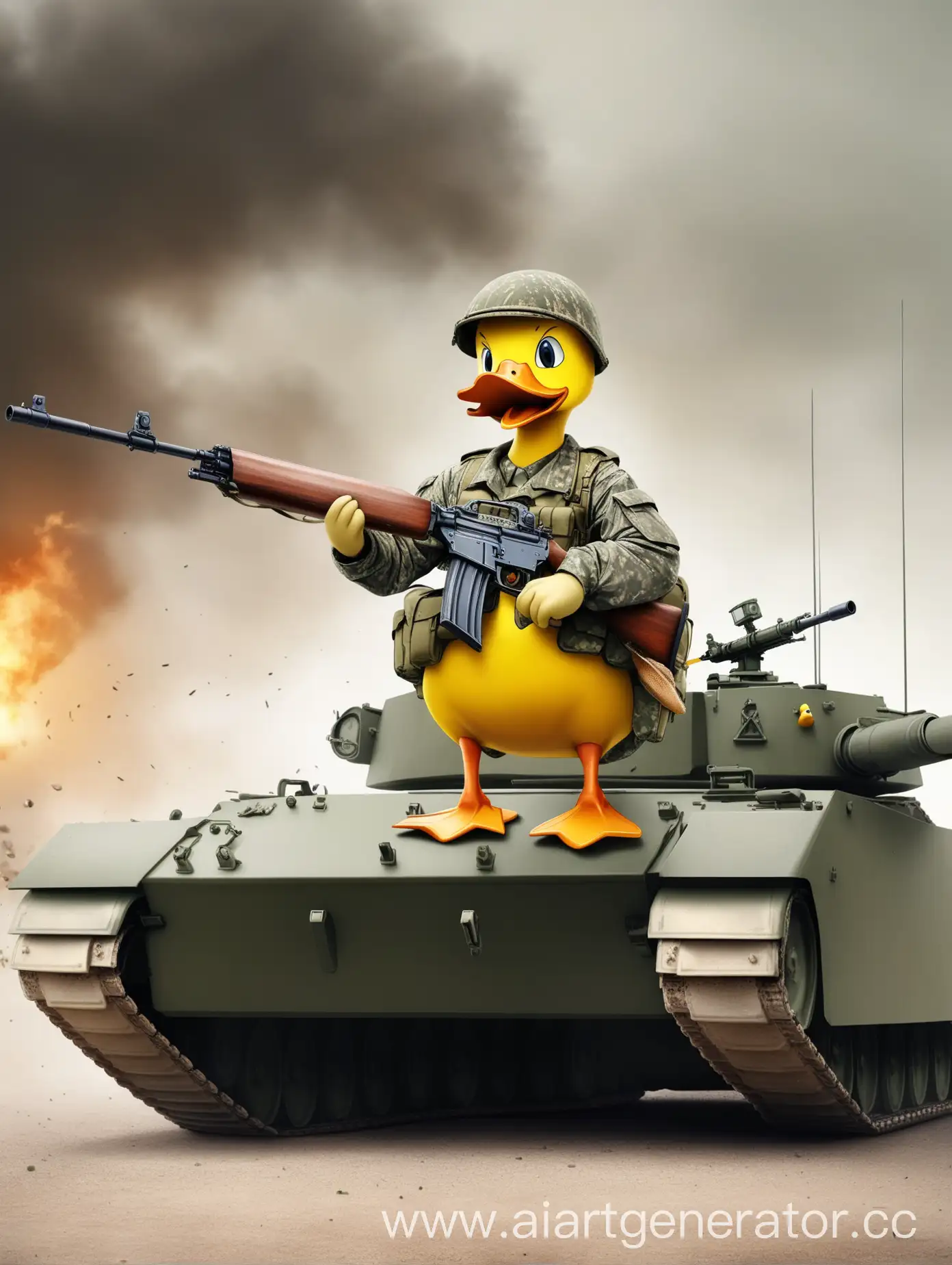 One angry duck standing on a tank in an army outfit holding a rifle