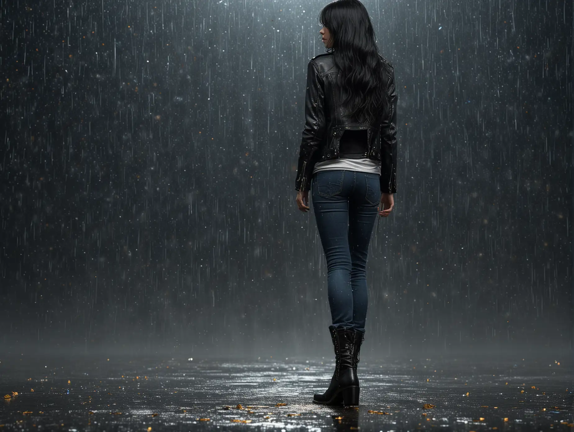 Person-with-Long-Black-Hair-in-Black-Jacket-and-Jeans-Against-Dark-Sparkling-Background