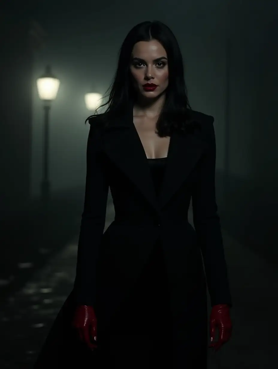 Film-Noir-Female-Louis-Cyphre-in-Trench-Coat-and-Red-Gloves-on-Foggy-Louisiana-Night