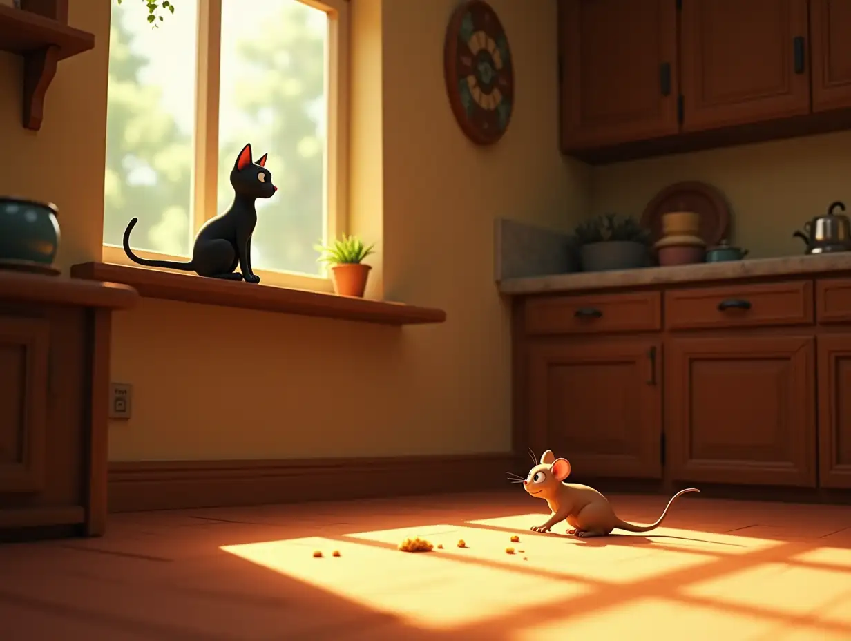 [3D Pixar-style], [Luna the sleek black cat sitting on a windowsill], [watching Pip the tiny brown mouse sneak a bread crumb from the kitchen floor], [warm, sunlit rustic kitchen with wooden cabinets, crumbs scattered near a pantry, soft afternoon light casting long shadows]