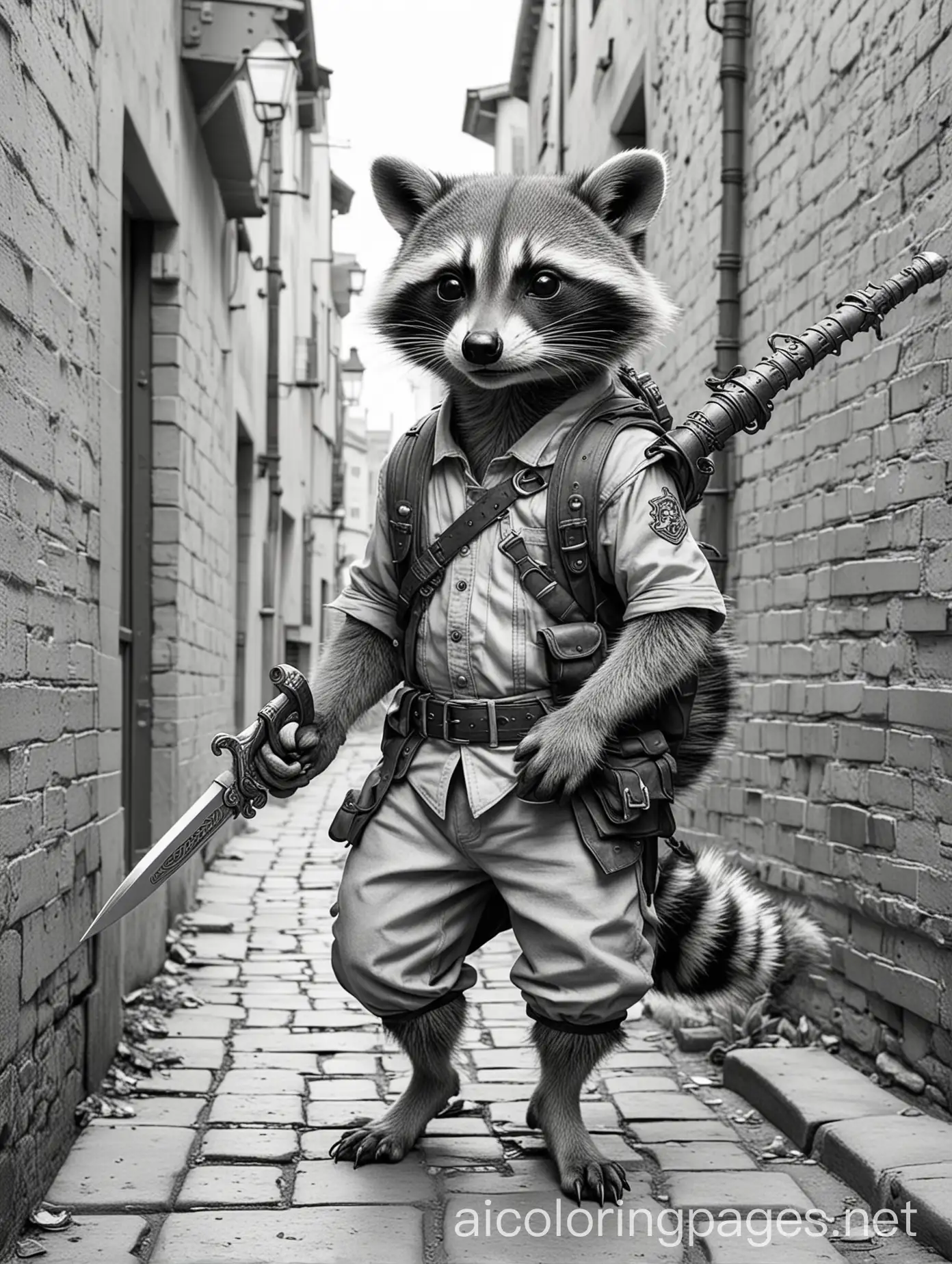 Fantasy-Raccoon-Sneaking-with-Dagger-in-City-Alleyway