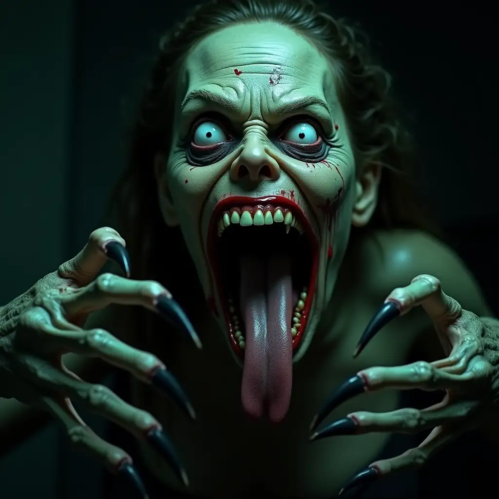 A close-up horror-themed image of a monstrous female creature with a menacing expression, taken from a front angle. The creature's face dominates the frame, with its mouth wide open, revealing sharp, jagged teeth, a bloody interior, and a large, extended tongue. The face has a ghastly pale greenish-gray complexion with deep wrinkles, visible veins, and blood stains, emphasizing its grotesque appearance. Its eyes are widened, looking towards the camera, with white, lifeless pupils, adding to the eerie effect. The creature's skin appears decaying and textured, contributing to the unsettling visual. Its hands are raised towards the viewer, showcasing long, sharp black talons extending outward from gnarled, mottled fingers. The fingers appear skeletal and slightly bent, enhancing the sense of imminent threat. The lighting is low-key and dim, with high contrast emphasizing the creature's features and casting shadows. The background is dark and blurred, creating a shallow depth of field that keeps the focus on the creature's face and hands. The color palette consists of dark greens, blacks, whites, and reds, with low saturation and high contrast, enhancing the sinister mood. The overall atmosphere is intense and unsettling, with a cool tone and low luminance, perfectly capturing the essence of a horror scene.