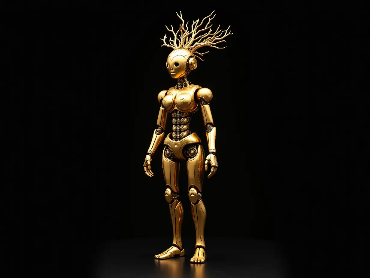 goldenem Complex-Horizon-Fractals humanoid robot with Complex-Horizon-Fractals body and Fracta-Glatze with Root on the head, against black background