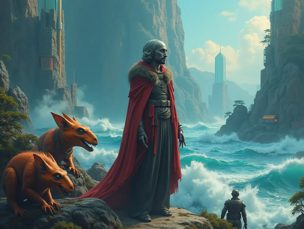 Ultradetailed hyperrealistic portrait of a Multiversum time traveler with various strange creatures with futuristic glass towers in front of a meticulously detailed, colorful, forest sea great waves