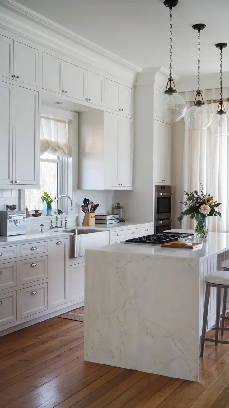 Modern-Pristine-White-Kitchen-with-Marble-Island-and-Pendant-Lights