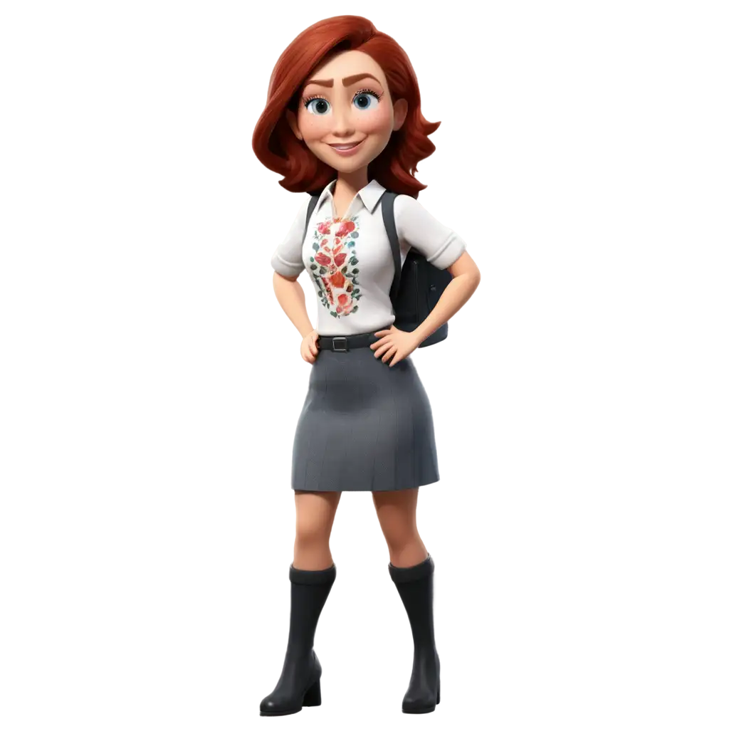 3D-Animated-PNG-Image-of-a-40YearOld-Female-Teacher-with-Red-Hair-in-an-Embroidered-Shirt-and-Skirt