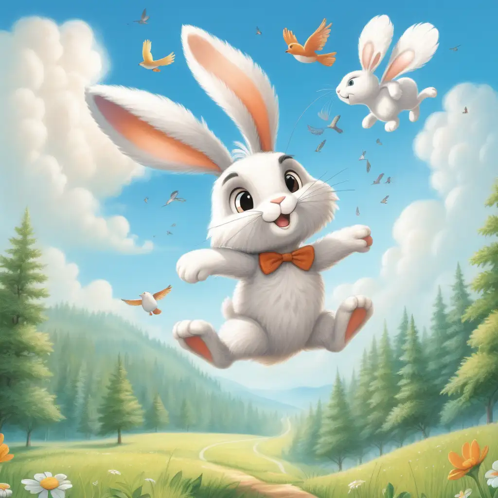 Fluffy White Bunny Soaring Above Forest and Meadow with Birds and Clouds