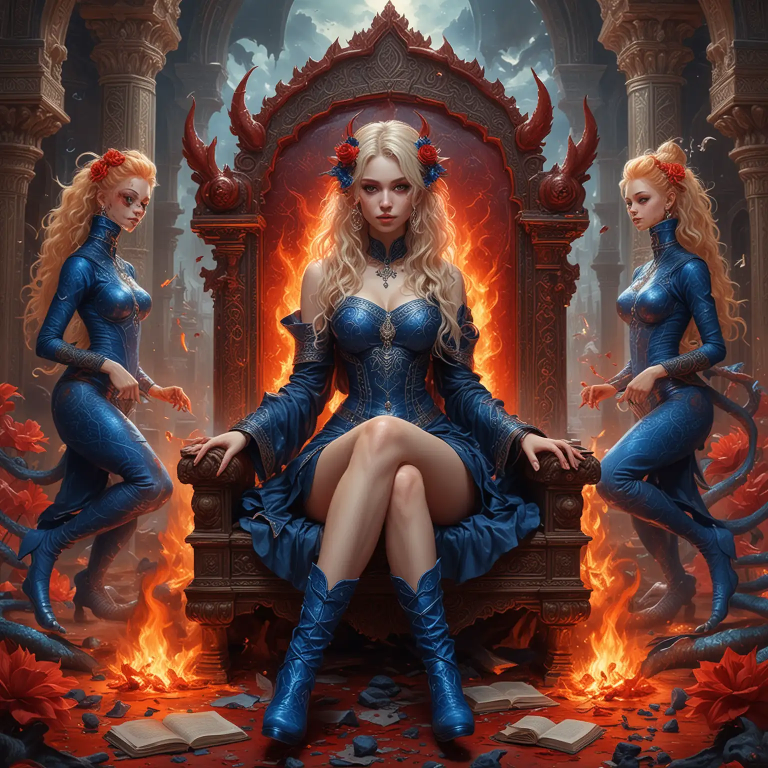 Beautiful Adolescent Empress Goddesses Surrounded by Fiery Red Dragons