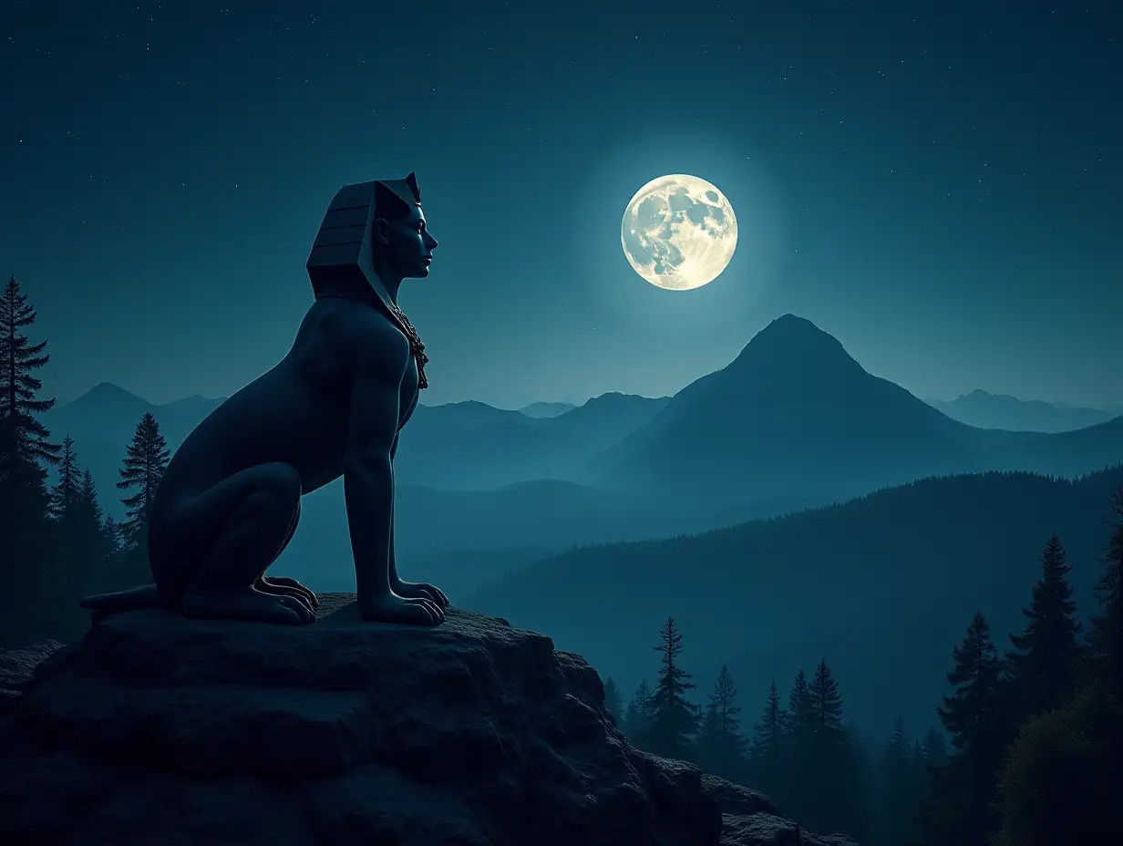 Woman-Sphinx-in-a-Mountain-Forest-Under-the-Night-Sky-with-Moonlight