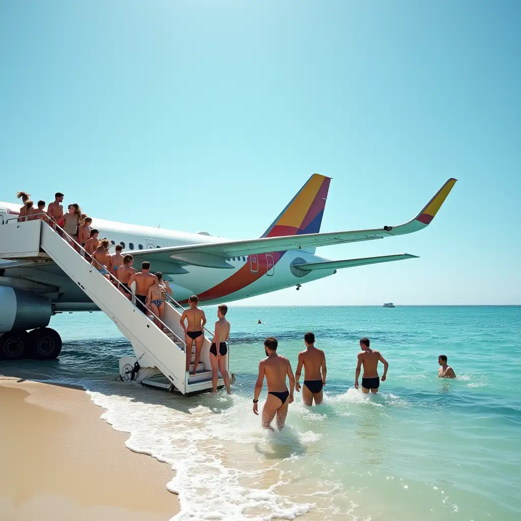 Passengers get off the airbus stairs straight onto the beach and go swimming, photo