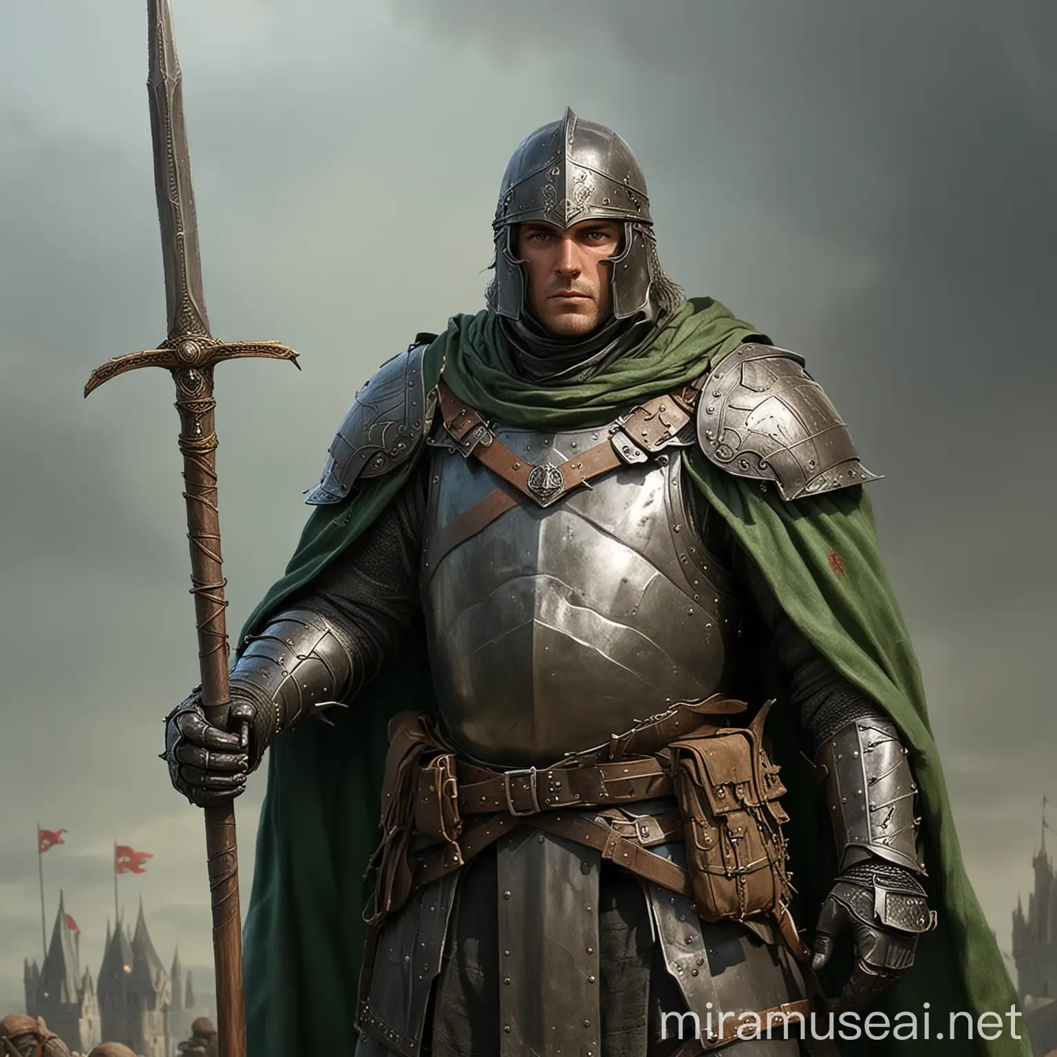 Lord Emrick Estermont of Greenstone Castle in Dark Grey Armor with Turtle Banner and Green Hilted Sword