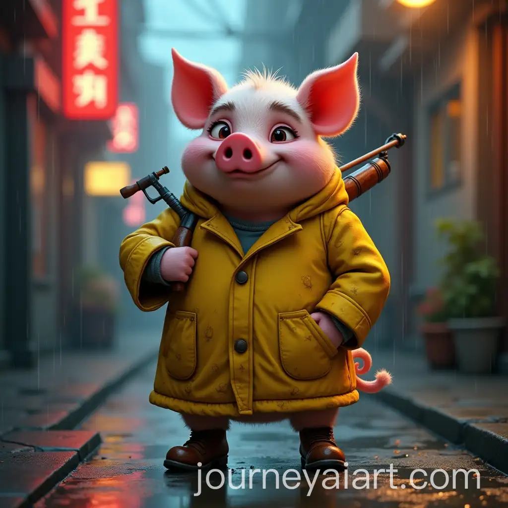 Anthropomorphic-Pig-in-Yellow-Raincoat-with-Slingshot-in-Rainy-Urban-Alley
