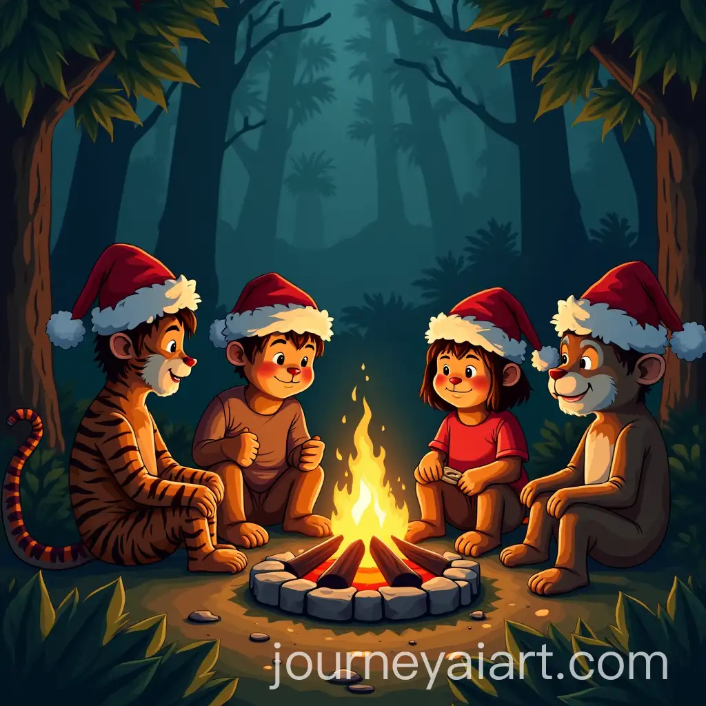 Campers-Wearing-Christmas-Hats-Celebrating-Christmas-by-a-Jungle-Fireplace-with-Wild-Animals