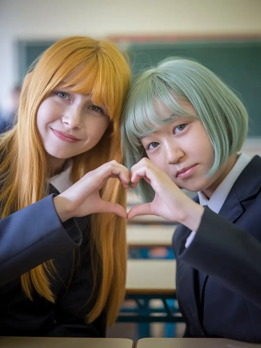 Classroom-Duo-Creating-Heart-Gestures-in-Uniforms